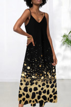 Black Gold Sexy Print Patchwork Backless Spaghetti Strap Sling Dresses