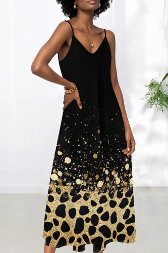 Black Gold Sexy Print Patchwork Backless Spaghetti Strap Sling Dresses