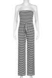 Black White Striped Print Sleeveless Strapless Fringed Tirm Tube Top Straight Leg Jumpsuit