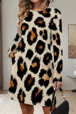 Pink Casual Leopard Print Stripe Pocket Contrast O Neck Printed Dresses