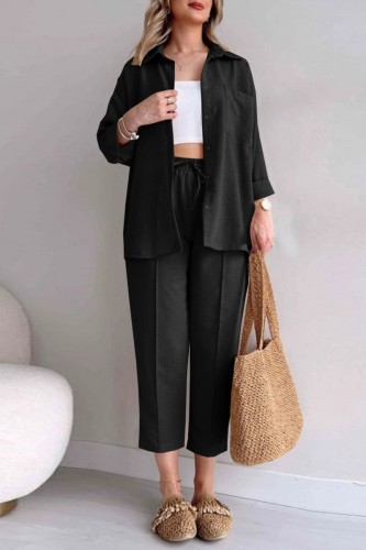 Black Casual Solid Color Buttons Turndown Collar Short Sleeve Two Pieces