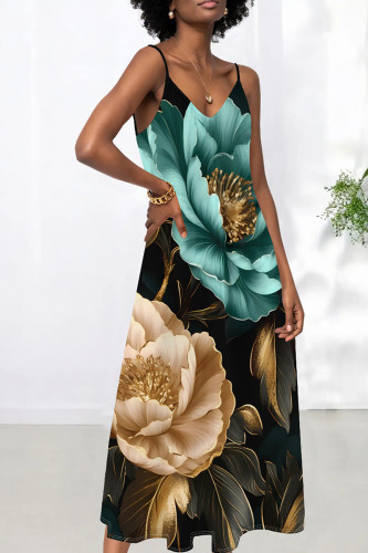 Cyan Sexy Print Patchwork Backless Spaghetti Strap Sling Dresses
