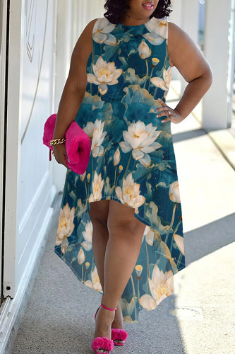 Dark Blue Elegant Print Patchwork O Neck Irregular Plus Size Dresses