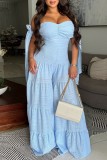 Blue Blus Off Shoulder Backless Bow Tie Sleeve Vacation Wide Leg Tube Top Jumpsuit