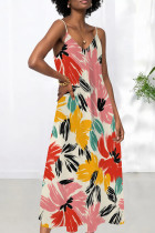 Pink Sexy Print Patchwork Backless Spaghetti Strap Sling Dresses