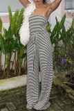 Black White Striped Print Sleeveless Strapless Fringed Tirm Tube Top Straight Leg Jumpsuit