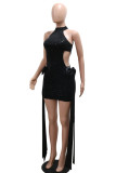 Black Sleeveless Hollow Out Lace Sash Halter Nightclub Evening Party Sequins Mini Dress