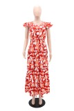 Red Casual Print Slit O Neck Long Dresses
