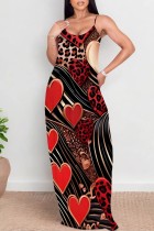 Black Red Casual Print Backless Spaghetti Strap Long Dresses