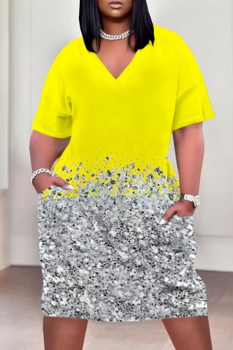 Yellow Casual Print Pocket V Neck Short Sleeve Plus Size Dresses