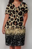 Gold Casual Print Pocket V Neck Short Sleeve Plus Size Dresses