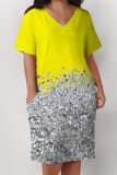 Gold Casual Print Pocket V Neck Short Sleeve Plus Size Dresses