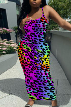 Purple Sexy Casual Print Backless Spaghetti Strap Long Dresses