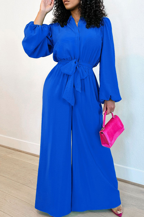 Blue Casual Solid Color Buckle Patchwork Strap Design Turndown Collar Loose Jumpsuits