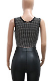 Black Sleeveless Hot Drill See-Through Nightclub Birthday Party Crop Tank Tops