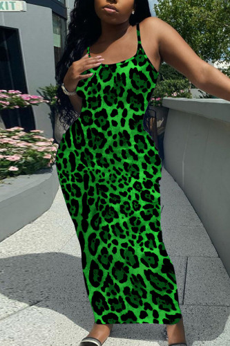Green Sexy Casual Print Backless Spaghetti Strap Long Dresses