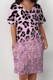 Gold Casual Print Pocket V Neck Short Sleeve Plus Size Dresses