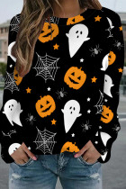 Black Casual Street Graffiti Print Contrast O Neck Tops