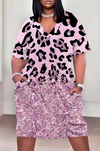 Pink Casual Print Pocket V Neck Short Sleeve Plus Size Dresses
