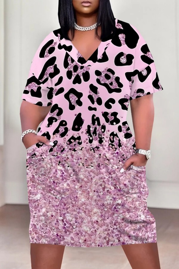 Pink Casual Print Pocket V Neck Short Sleeve Plus Size Dresses