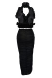 Champagne Sexy Solid Color Backless Slit Halter Sleeveless Two Pieces