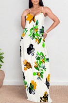 White Casual Floral Print Backless Spaghetti Strap Long Dresses