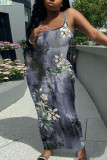 Peacock Blue Sexy Casual Floral Print Backless Spaghetti Strap Long Dresses