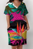 White Green Casual Print Pocket V Neck Short Sleeve Plus Size Dresses