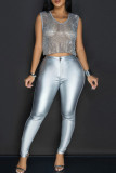 Black Sleeveless Hot Drill See-Through Nightclub Birthday Party Crop Tank Tops