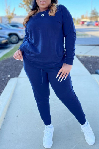 Deep Blue Casual O Neck Long Sleeve Sweatshirt And Skinny Pants Pocket Two Pieces Sweatsuit Sets