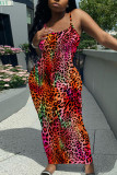 Fuchsia Sexy Casual Print Backless Spaghetti Strap Long Dresses