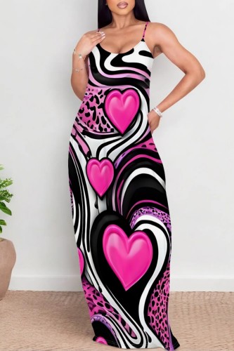 Rose Red Casual Print Backless Spaghetti Strap Long Dresses