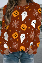 Orange Casual Street Graffiti Print Contrast O Neck Tops