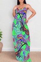 Green Casual Floral Print Backless Spaghetti Strap Long Dresses