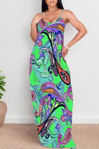 Green Casual Floral Print Backless Spaghetti Strap Long Dresses
