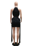 Black Sleeveless Hollow Out Lace Sash Halter Nightclub Evening Party Sequins Mini Dress
