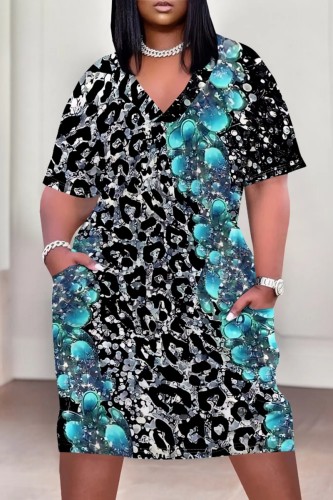 Blue Black Casual Print Pocket V Neck Short Sleeve Plus Size Dresses
