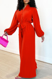 Red Casual Solid Color Buckle Patchwork Strap Design Turndown Collar Loose Jumpsuits