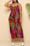 Fuchsia Sexy Casual Print Backless Spaghetti Strap Long Dresses