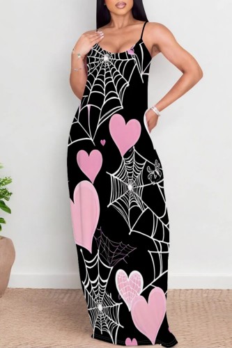 Black Pink Casual Print Backless Spaghetti Strap Long Dresses