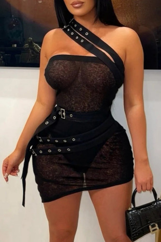 Black Sexy Solid Color Patchwork Backless Asymmetrical Collar Irregular Dresses
