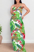 White Green Casual Floral Print Backless Spaghetti Strap Long Dresses