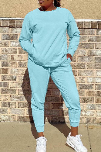 Light Blue Casual O Neck Long Sleeve Sweatshirt And Skinny Pants Pocket Two Pieces Sweatsuit Sets