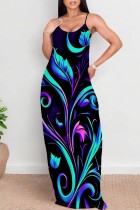 Blue Black Casual Print Backless Spaghetti Strap Long Dresses