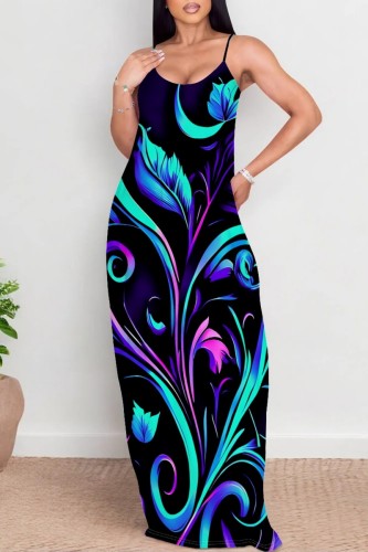 Blue Black Casual Print Backless Spaghetti Strap Long Dresses