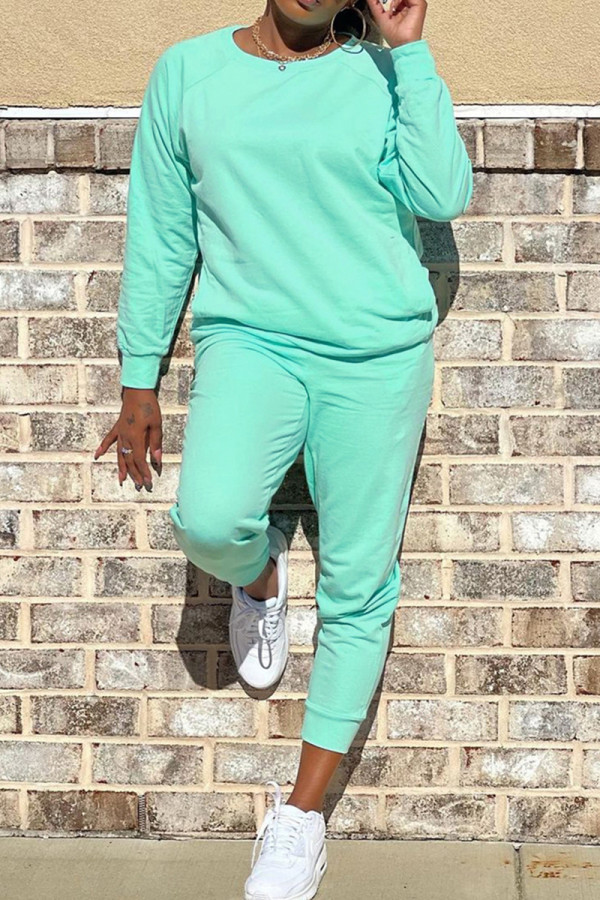 Cyan Casual O Neck Long Sleeve Sweatshirt And Skinny Pants Pocket Two Pieces Sweatsuit Sets