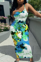 White Blue Sexy Casual Floral Print Backless Spaghetti Strap Long Dresses