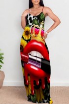 Red Casual Print Backless Spaghetti Strap Long Dresses