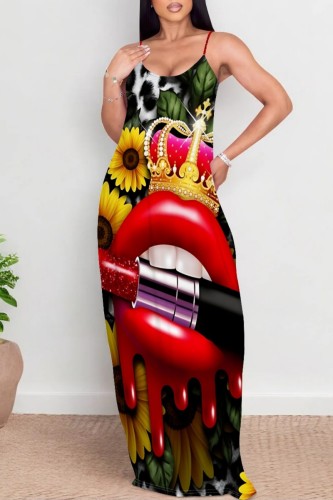Red Casual Print Backless Spaghetti Strap Long Dresses