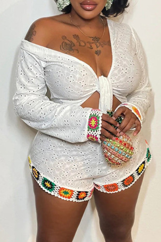 White V Neck Long Sleeve Hollow Out Crop Top and Skinny Shorts Casual Two Piece Shorts Set